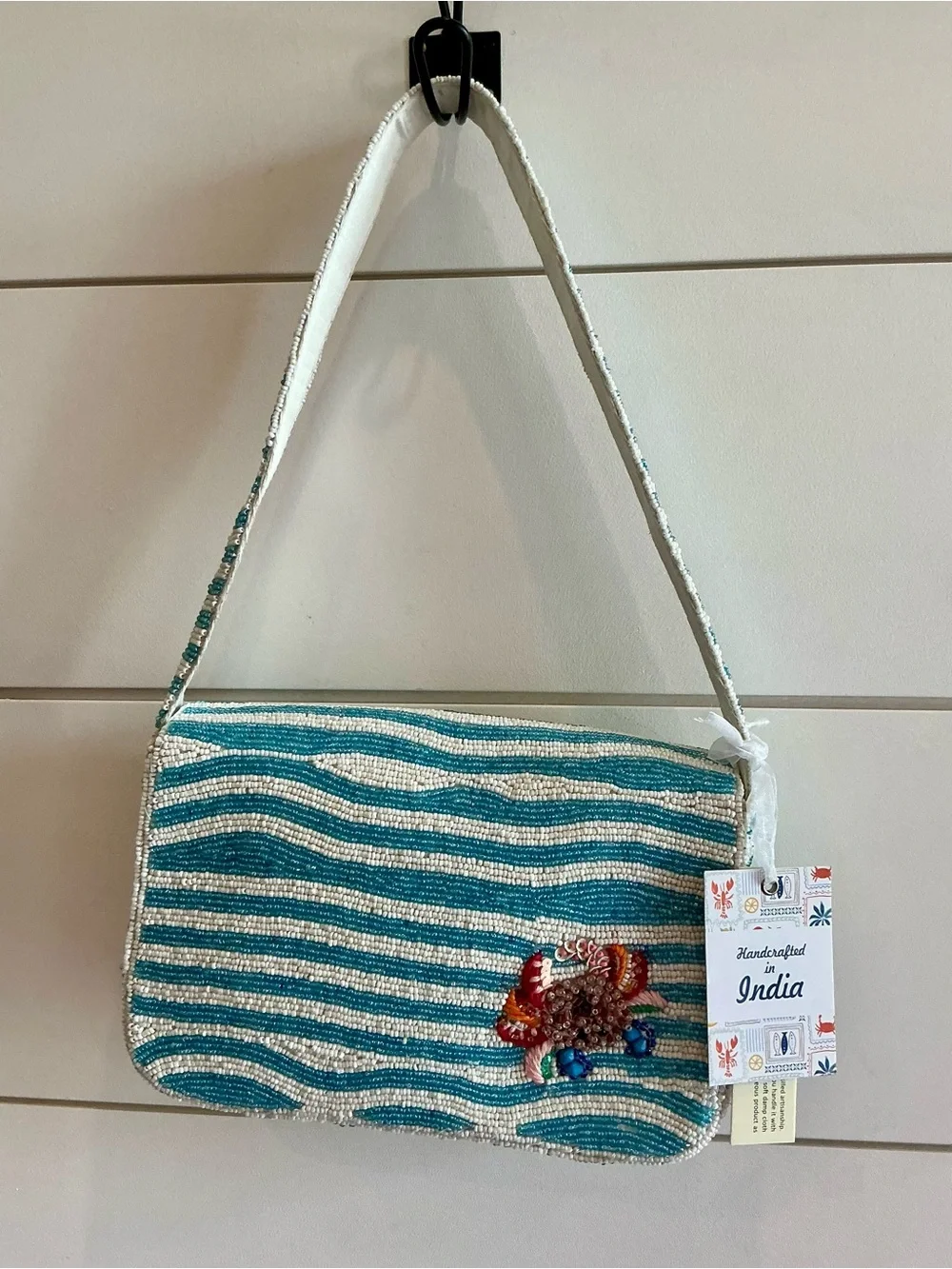 VIRAL Beaded Turquoise Striped Shoulder Bag with Crab Embellishment